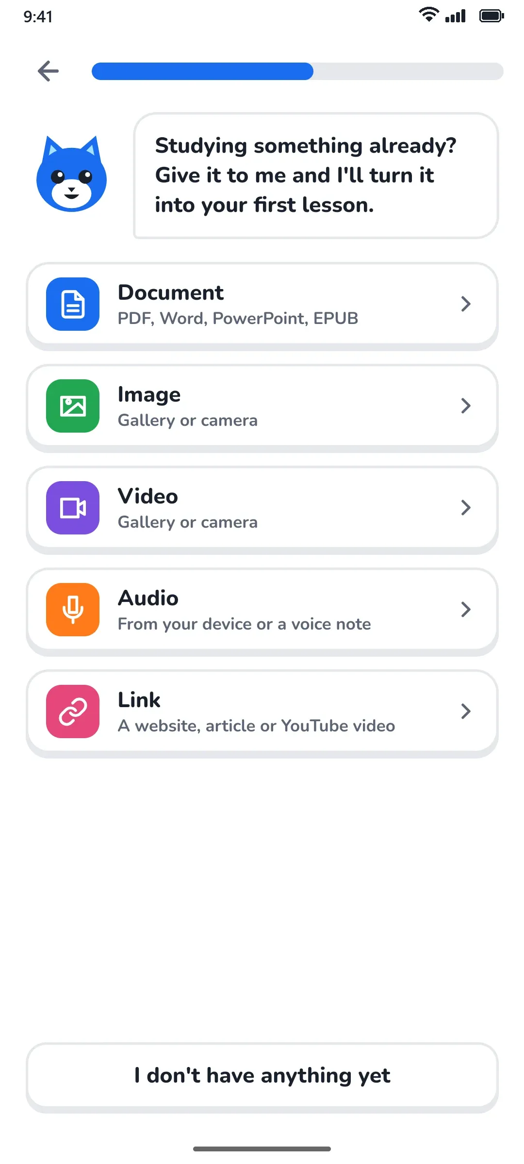 Remi’s add screen with options for a document, image, video, audio or link.