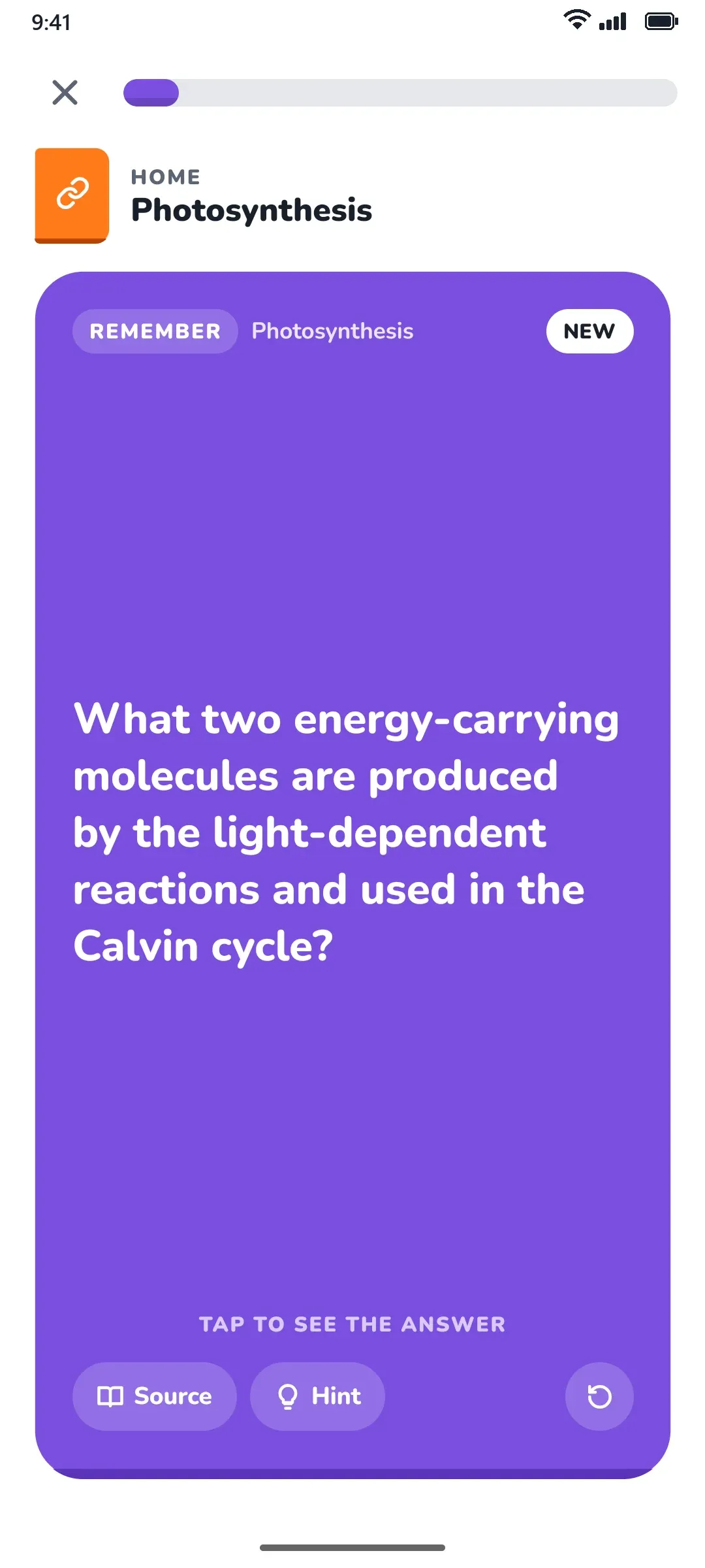 A violet Remember flashcard asking which two energy-carrying molecules the light-dependent reactions produce.