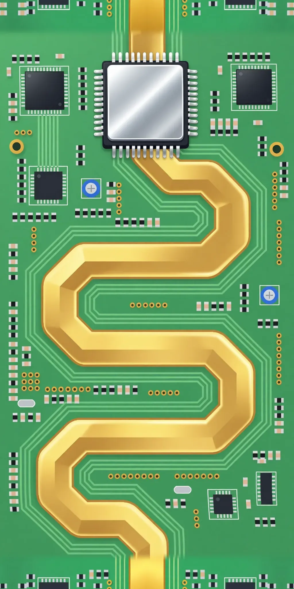 Inside the computer map: a golden trace winding across a green circuit board.