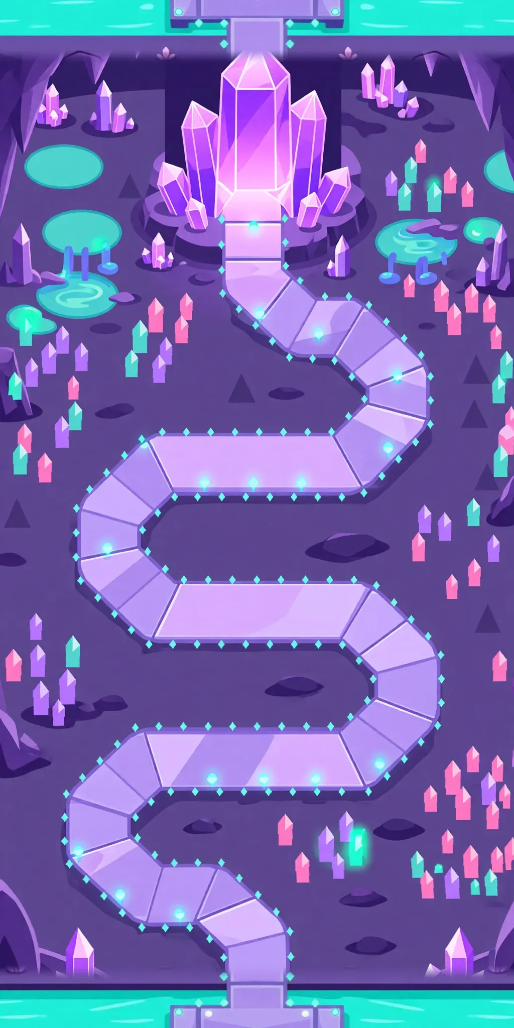Crystal caves map: a violet path between glowing crystals.