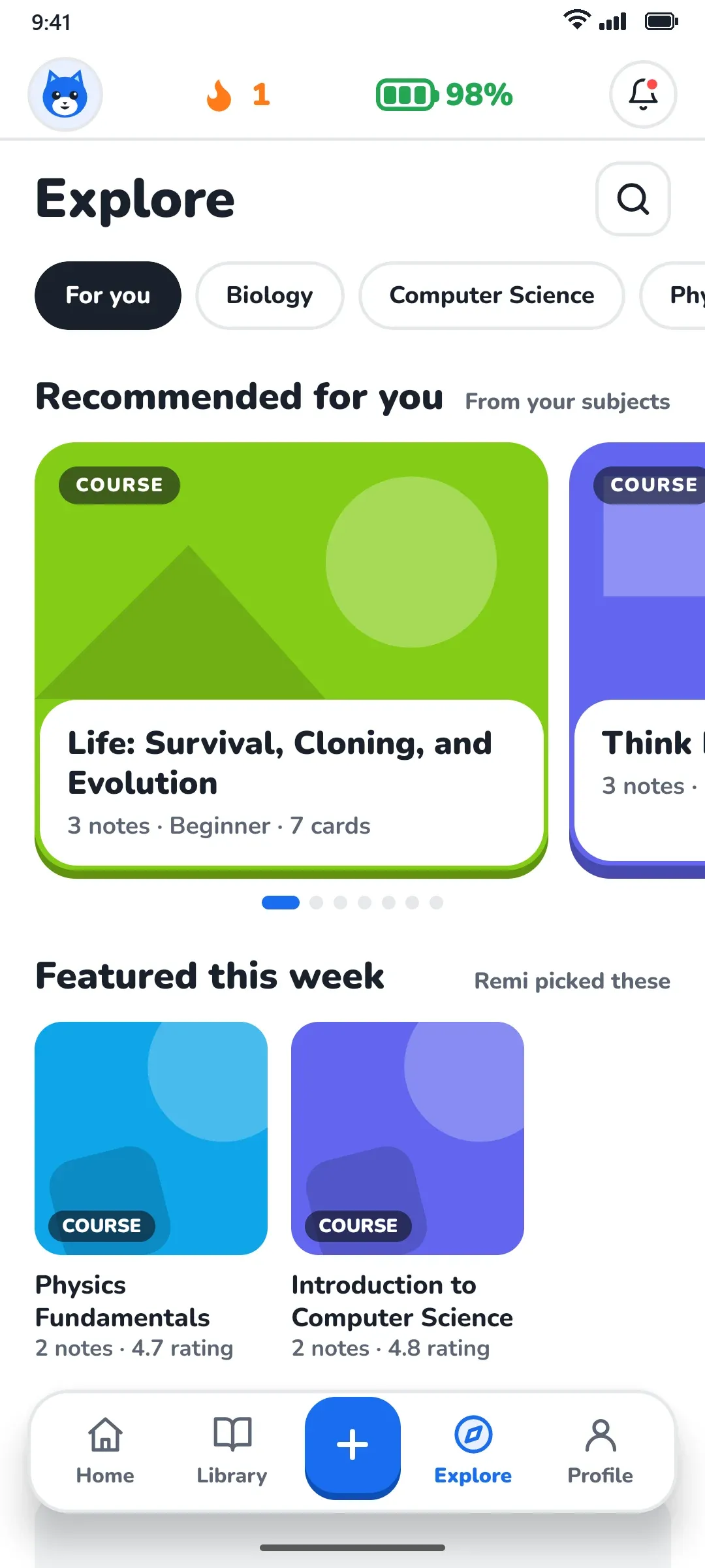 The Explore tab with recommended courses and courses featured this week.