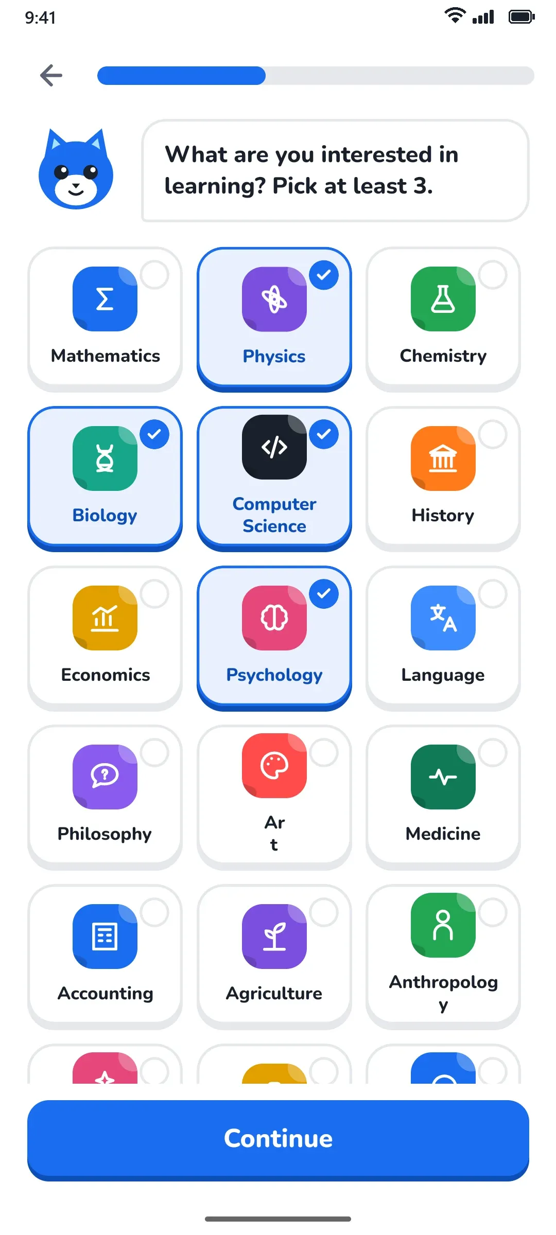 Picking interests such as physics, biology, computer science and psychology.