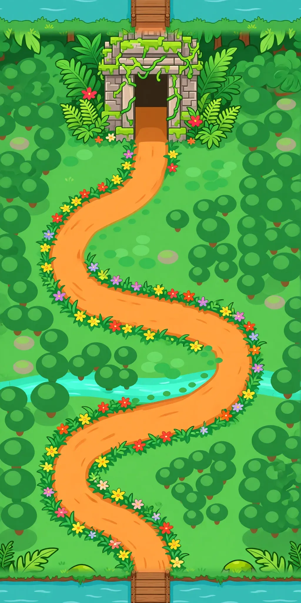 A painted jungle map with an orange trail winding through trees, a river and a wooden bridge.