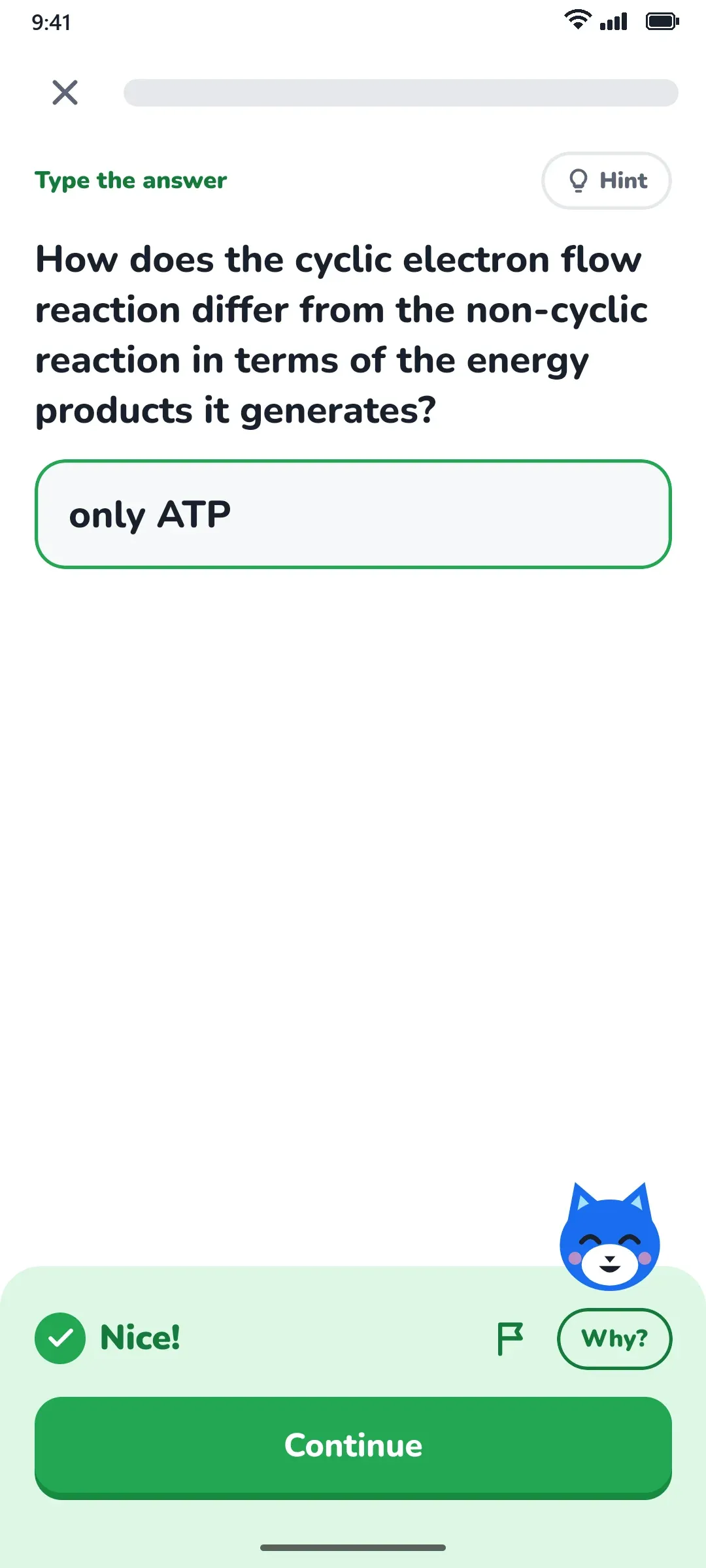 A type-the-answer question about cyclic electron flow, marked Nice.
