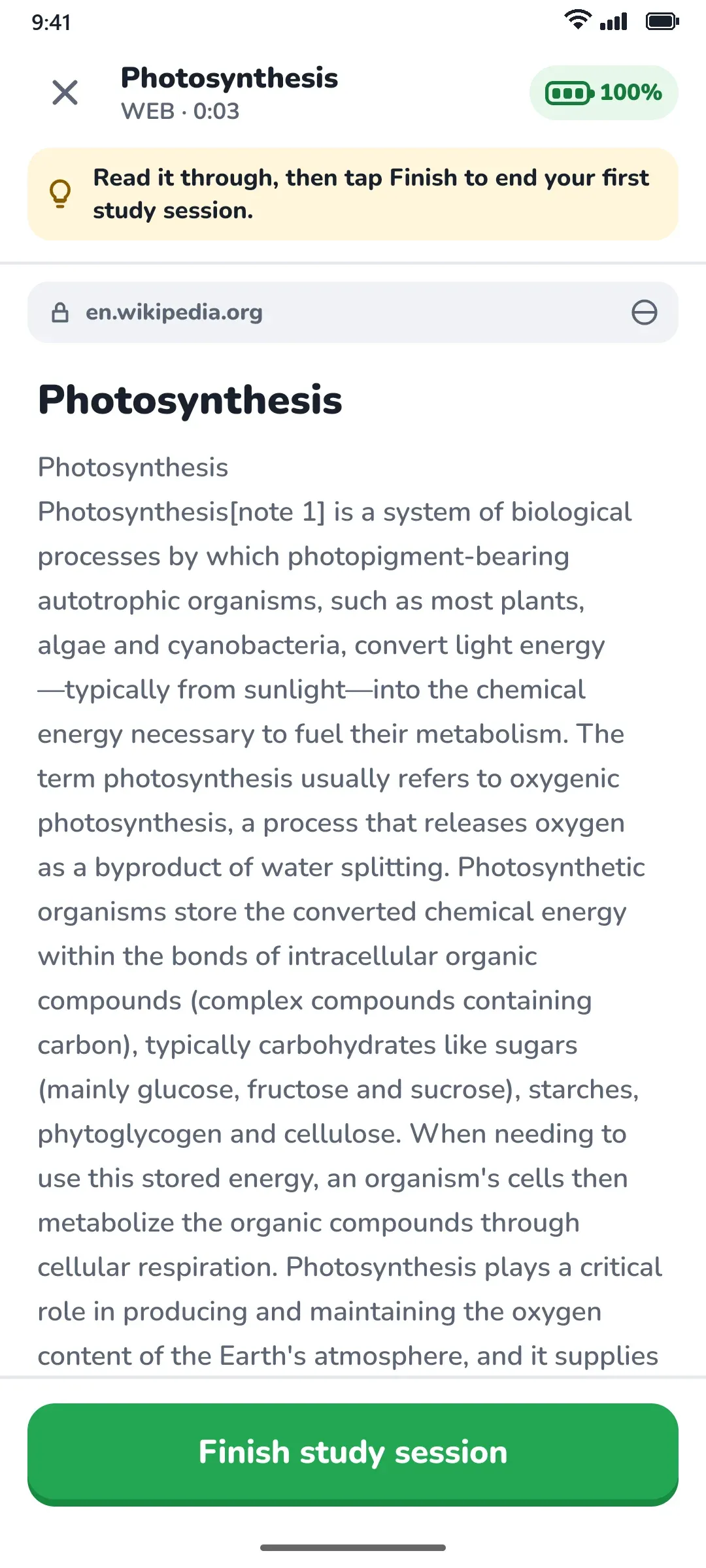 A study session in Remi showing a Photosynthesis article with a Finish study session button.