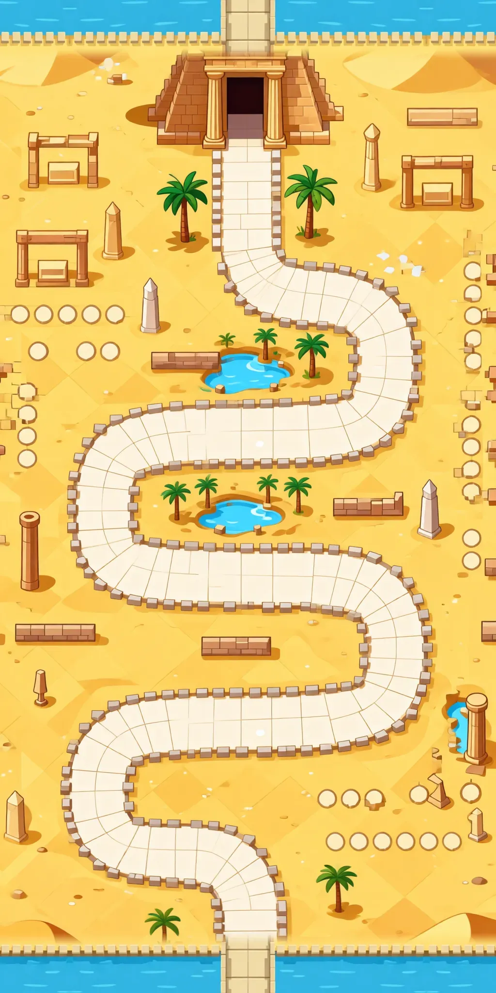 Ancient ruins map: a stone path through sand, palm trees and old columns.