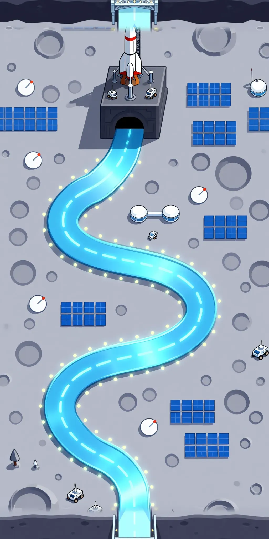 Outer space map: a glowing blue trail between craters and solar panels.