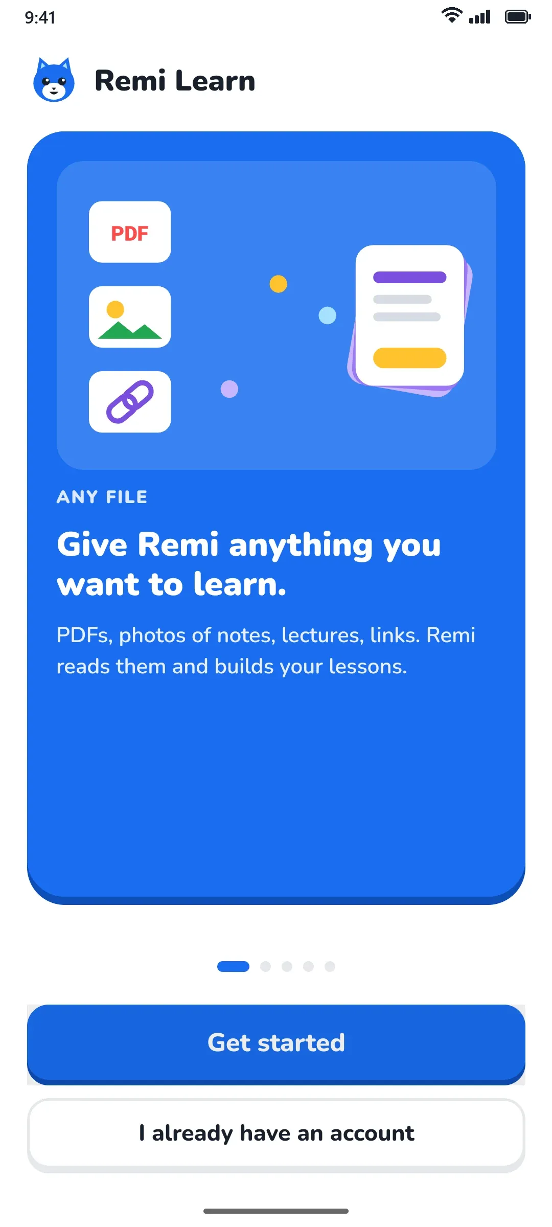Remi app: Welcome screen